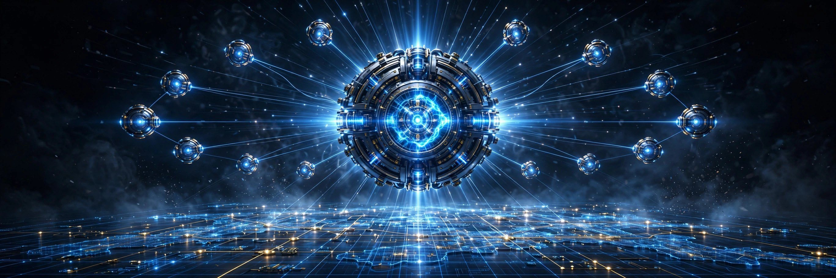 A glowing blue engine core connected by beams of light to smaller orbiting nodes, all above a shared luminous map grid.