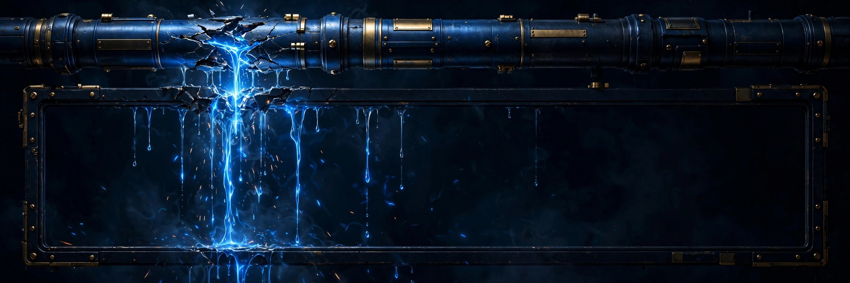 A dark metal pipe with a cracked section pouring streams of glowing blue liquid down into an empty frame below it.