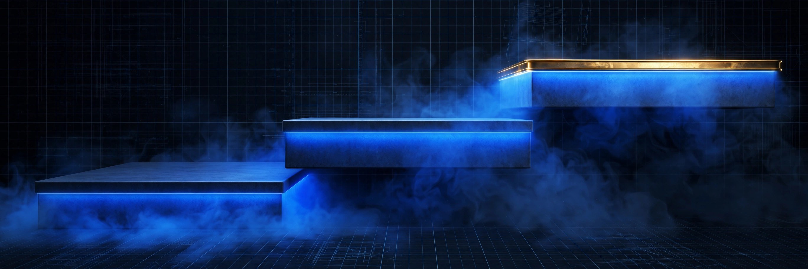 Three glowing platforms ascending from left to right over a dark blueprint grid, each brighter than the last and the highest edged in gold.