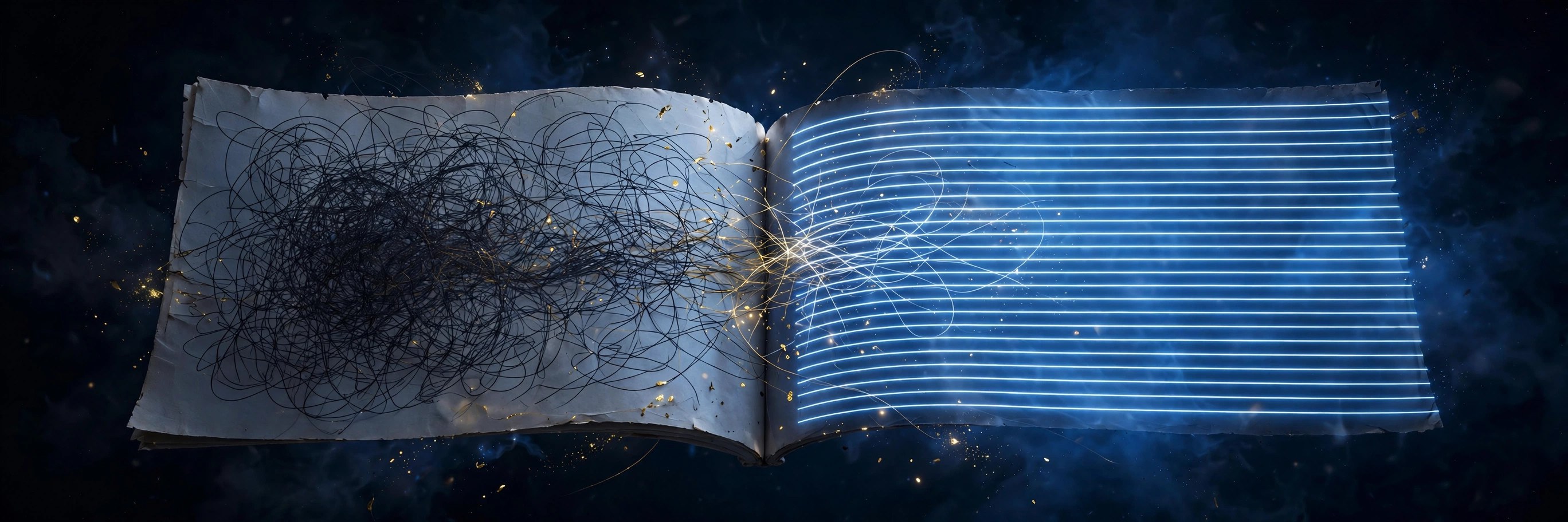 An open book whose left page is covered in dense tangled scribbles while the right page holds clean, evenly spaced glowing blue lines.