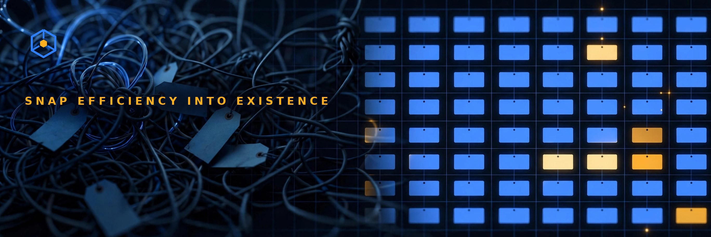 Tangled dark cords with blank mismatched tags on the left resolving into a neat grid of glowing blue name tags, a few of them gold, on the right.