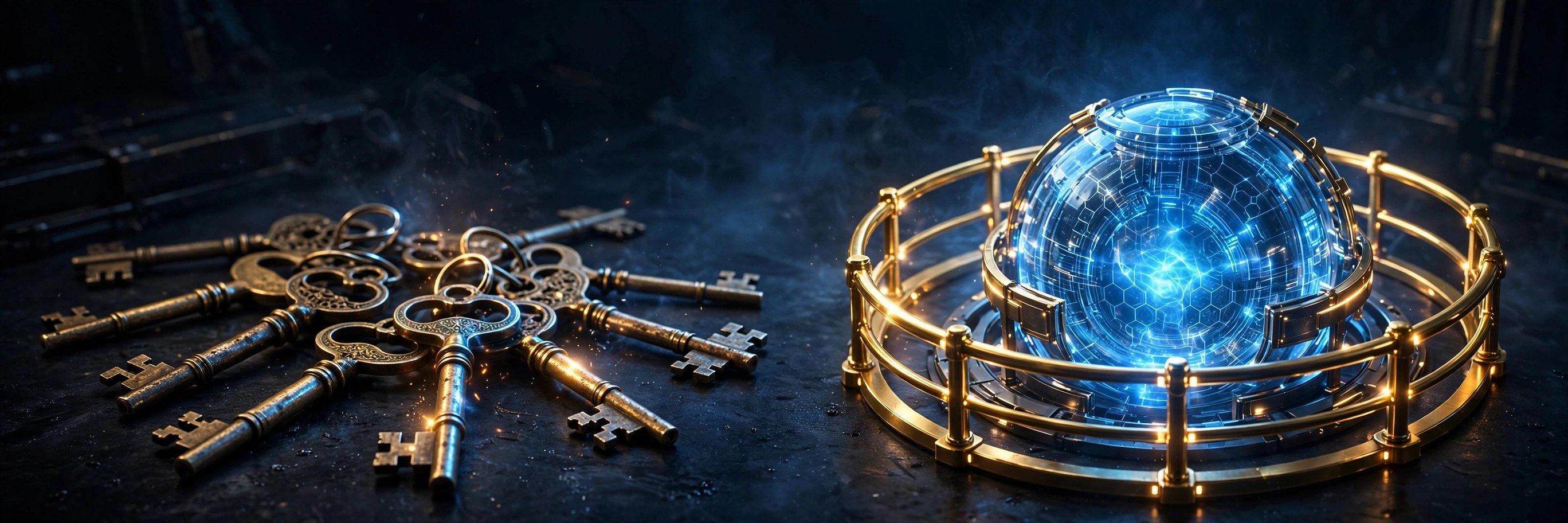 A fan of ornate antique keys on a dark surface beside a glowing blue digital core encircled by a golden guardrail.