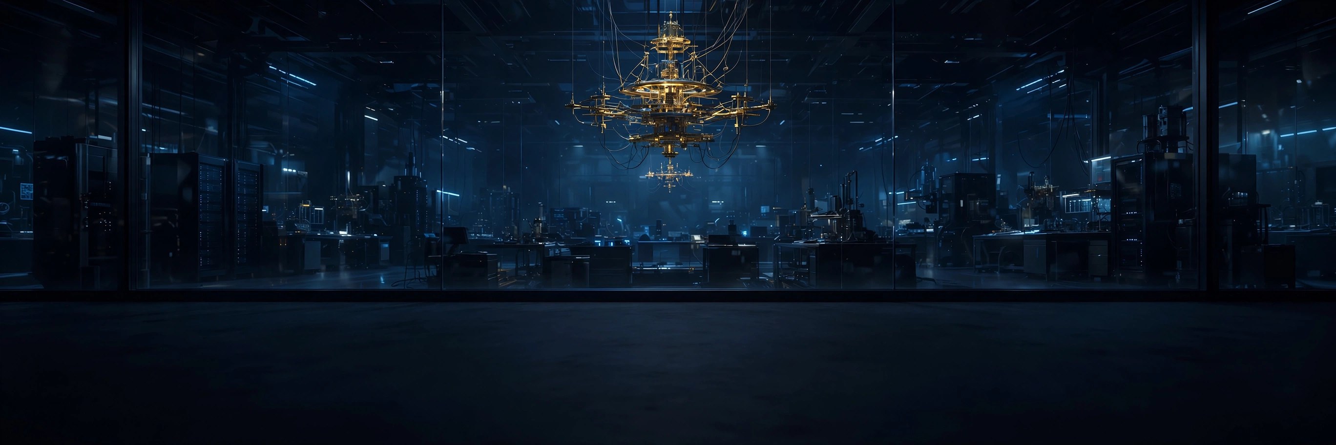 A golden quantum computer chandelier suspended behind a glass wall in a dark laboratory, with an empty dark floor in the foreground.